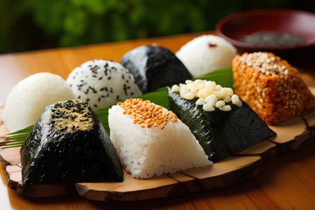 Japanese sushi set with rice, seaweed, sesame and gingerの素材