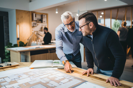 Architect and engineer working with blueprints in office. Construction concept.の素材