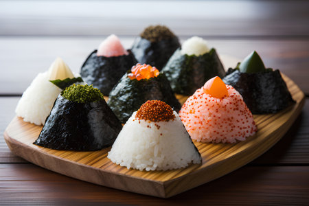 Sushi set on wooden background. Japanese food. Close up.の素材