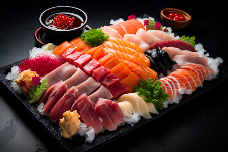 Japanese food Sashimi platter with salmon, tuna, shrimp, tuna and other fishの素材