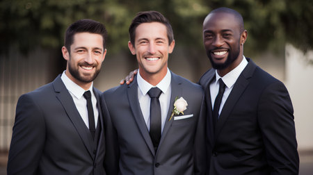 Portrait of three happy businessmen in suits smiling at camera outdoors.の素材