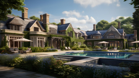 3D rendering of a luxury villa with swimming pool and gardenの素材