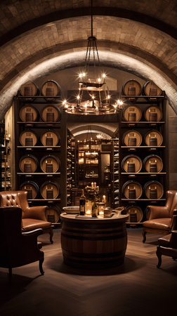 Wine cellar interior with wine barrels, leather armchairs and shelves.の素材