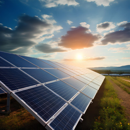 Solar panels on sunset sky background. Alternative energy source. Solar panels on the field.の素材