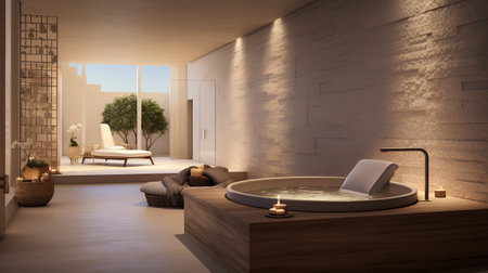 Interior of modern bathroom with wooden bathtub. 3d renderの素材