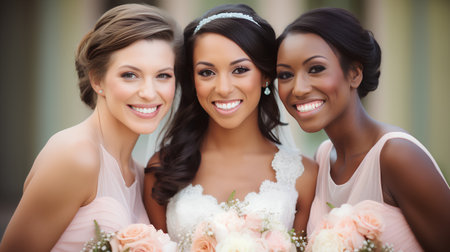 Portrait of three beautiful bridesmaids smiling at the cameraの素材