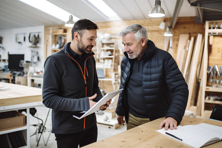 Mature man and his adult son are using a digital tablet and smiling while working in the workshop.の素材