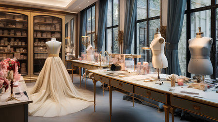 Wedding dress and accessories on display in luxury boutique. 3d renderingの素材