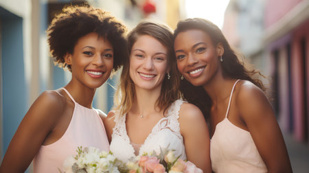 Portrait of three beautiful young women in bridal dresses with bouquets.の素材