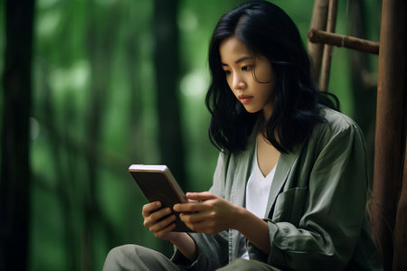 Young asian woman using smart phone in the forest at night.の素材