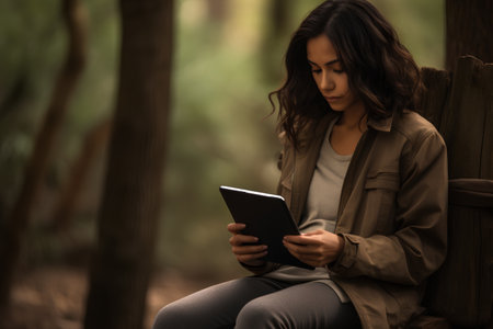 Young woman using digital tablet in the forest. Bokeh background.の素材