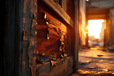 Old wooden door at sunset in the city. Shallow depth of field.の素材