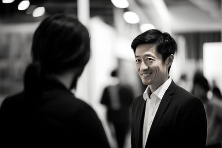 Portrait of happy asian businessman and businesswoman looking at each otherの素材