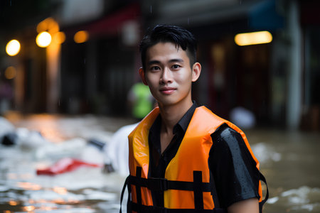 Asian man wearing life jacket and looking at camera while standing on the street during heavy rain.の素材