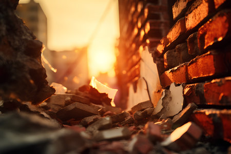 Burning brick wall in the city at sunset. The concept of disaster.の素材