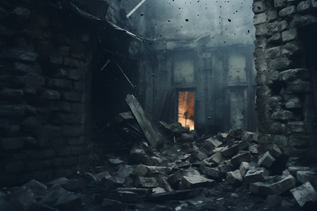 Ruins of an old destroyed building in the dark. Horror scene.の素材