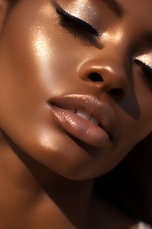 Close-up portrait of a beautiful young woman with golden lips.の素材
