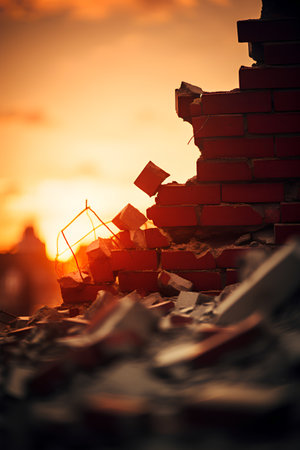 Broken brick wall at sunset. Demolition of the building.の素材