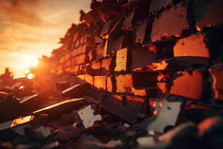 Ruins of old brick wall at sunset. Concept of demolition.の素材