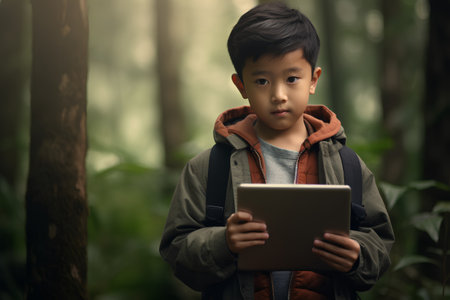 Asian boy using digital tablet in the forest, education and technology conceptの素材