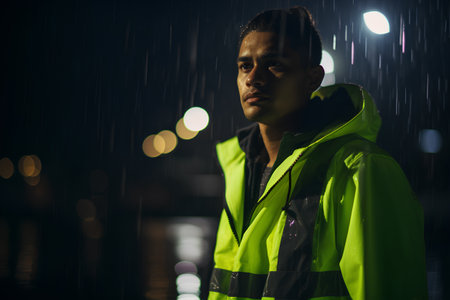 Portrait of a young man in a raincoat at night.の素材
