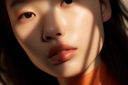 Beautiful young asian woman in orange dress, closeup portraitの素材