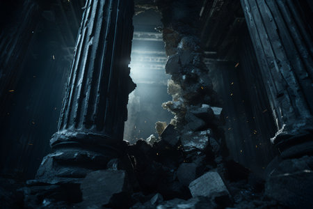 Ruins of ancient greek temple at night with light rays and smokeの素材