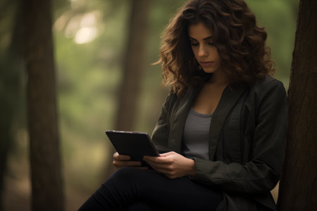 Young woman using tablet computer in the forest, outdoor shot with shallow DOFの素材