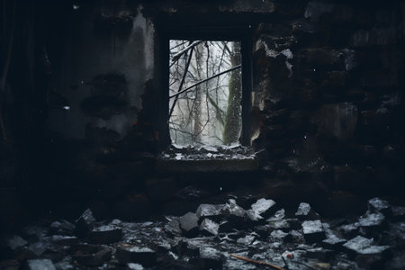 Dark abandoned building with a window in the middle of the forest.の素材