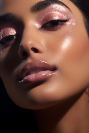 Fashion portrait of young beautiful woman with glitter makeup. Perfect skin.の素材