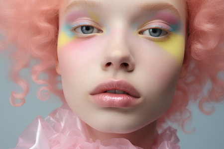 Fashion portrait of a beautiful girl with pink hair and colorful makeup.の素材