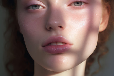 Portrait of young beautiful woman with freckles on her faceの素材