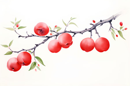 Watercolor branch with red berries isolated on white background. Vector illustration.の素材