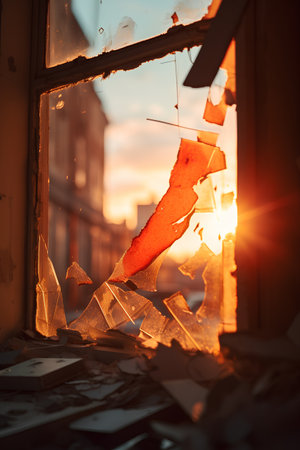 Broken window with broken glass in the city at sunset. Selective focusの素材