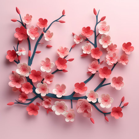 Cherry blossom branch in paper art style. Vector illustration.の素材