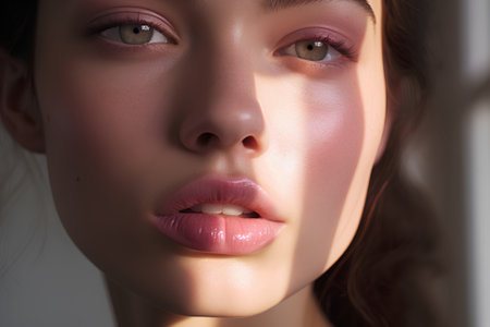 Portrait of a beautiful young woman with pink lips. Close-up.の素材