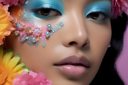 Close-up portrait of beautiful young woman with bright make-up and flowers.の素材