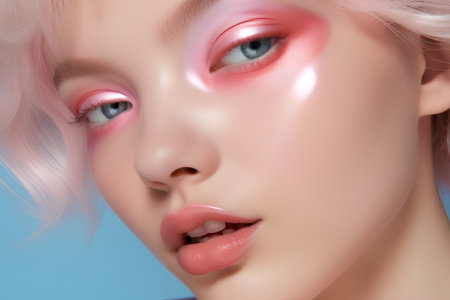 Portrait of a beautiful young woman with pink makeup. 3d renderingの素材