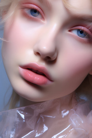 Beautiful young woman with blue eyes and pink lips. 3d renderingの素材