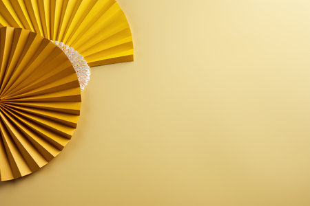 Paper fan on a yellow background. 3d rendering, 3d illustration.の素材