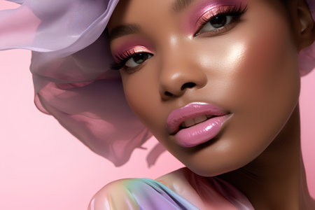 Fashionable portrait of a beautiful young woman with pink make-up and pink lips.の素材