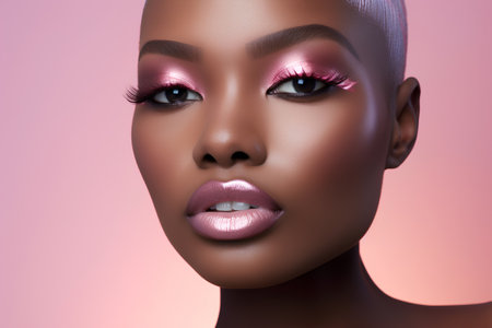 Beauty portrait of young african american woman with glamour makeup. Fashion model with pink lipsの素材