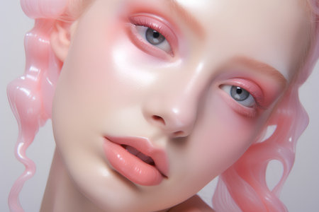 Beautiful woman face with pink makeup and pink hair. 3d renderingの素材