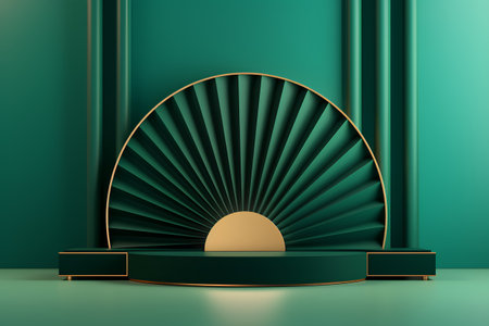 Abstract round podium illuminated by spotlights on a green background. Award ceremony concept. 3d renderの素材