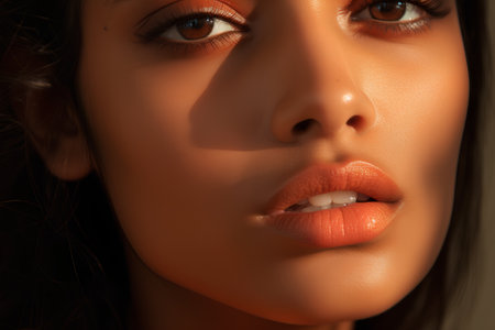Closeup portrait of a beautiful young woman with perfect skin and red lipsの素材