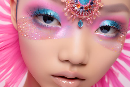 Fashion portrait of young beautiful girl with bright make-up and pink hair.の素材