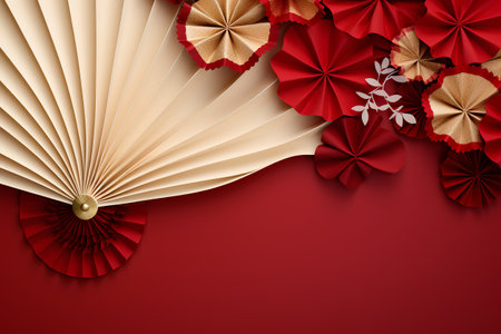 Paper fans with paper flowers on a red background. Vector illustration.の素材
