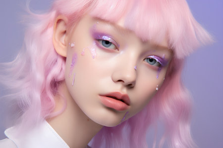 Beautiful girl with pink hair. Portrait of a beautiful girl with bright makeup.の素材