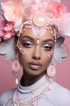 Fashion portrait of a beautiful young woman with flowers in her hair. Perfect make-up and hairstyleの素材