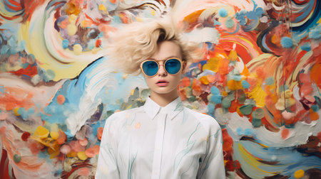 Fashion portrait of beautiful young woman with blond curly hair and blue sunglasses.の素材